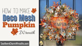 DIY quotHey There Pumpkinquot Decomesh Fall Wreath  Deco Mesh Poof Wreath 3 Rows [upl. by Ilan]