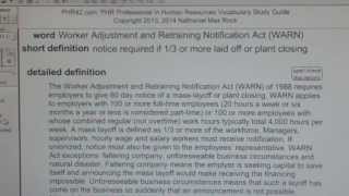 Worker Adjustment and Retraining Notification Act WARN of 1988 PHR SPHR HR Exam PHRPasscom [upl. by Aklog]