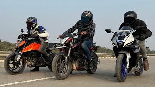 PULSAR NS200 E20 VS KTM DUKE 250 GEN 3 VS R15M  DRAG RACE [upl. by Modestia]