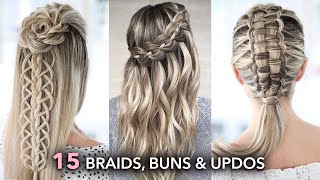 15 Beautiful Braids Buns and Updos  Easy Hairstyle Tutorial [upl. by Auohc924]