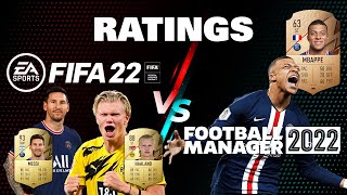 FIFA 22 VS FOOTBALL MANAGER  RATINGS COMPARE FT Messi Ronaldo Haaland Moukoko Sancho [upl. by Gord]