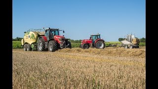 Paille 2017  MF 8735 et 7622  Krone 1290 HDP 2 et Regroupeur Forstack  Claas  Andaineur Kuhn [upl. by Ecinad411]