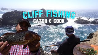 CLIFF FISHING CATCH amp COOK DELICIOUS KELP GREENLING [upl. by Aserat]