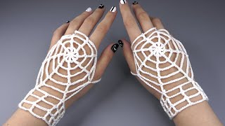 Crochet Spider Web Gloves Tutorial For Halloween [upl. by Mylander]