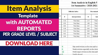 ITEM ANALYSIS TEMPLATE with AUTOMATED REPORT [upl. by Fennessy]